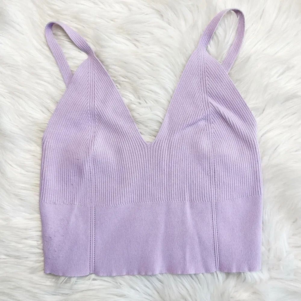 Signature 8 Ribbed V Neck Crop Top Light Purple Size Medium